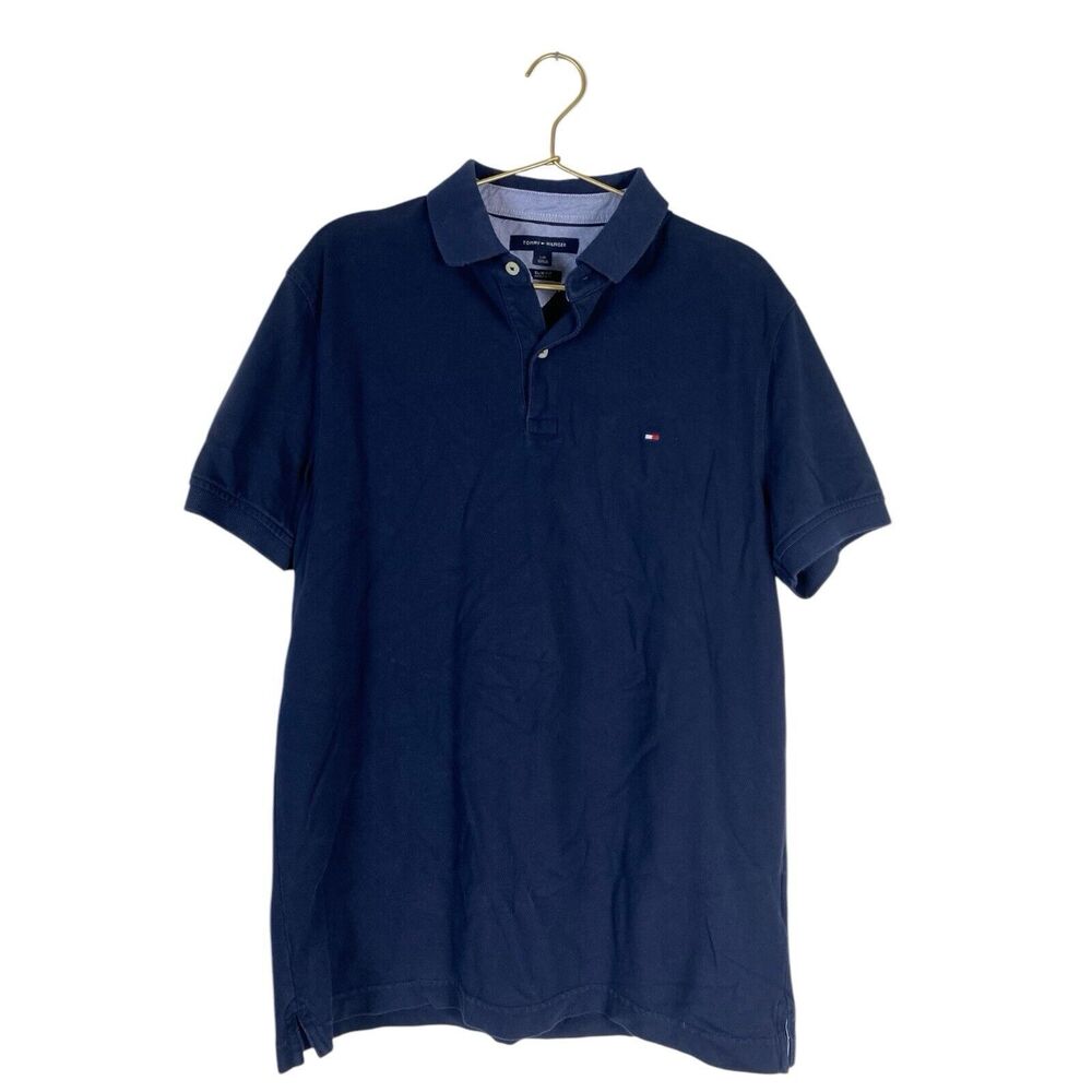 Tommy Hilfiger Men's Polo Shirt Navy Blue Short Sleeve 100% Cotton‎ Logo L WP166